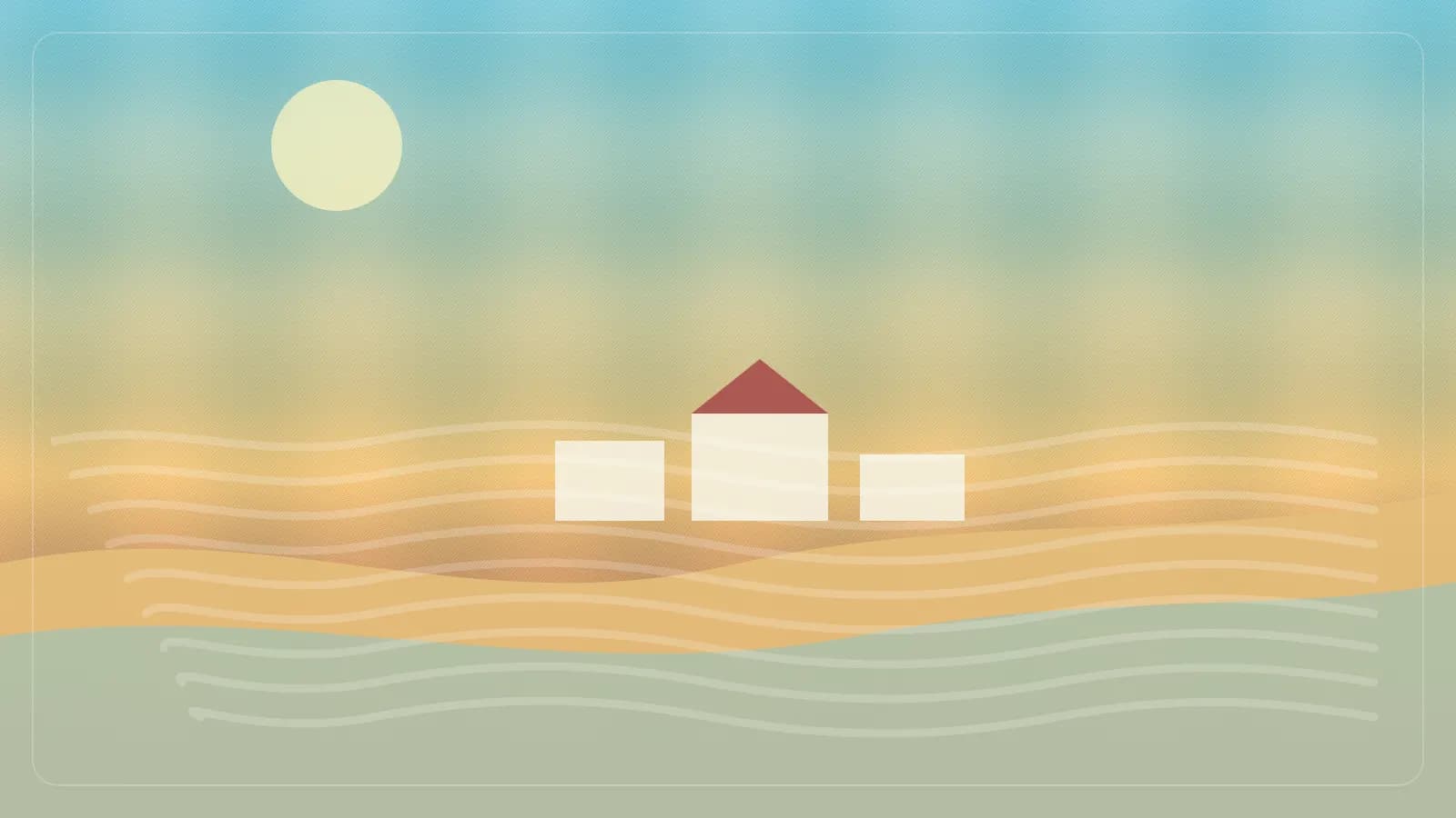 Ilustracao editorial de vila praiana com rio, prancha e rua tranquila perto do mar