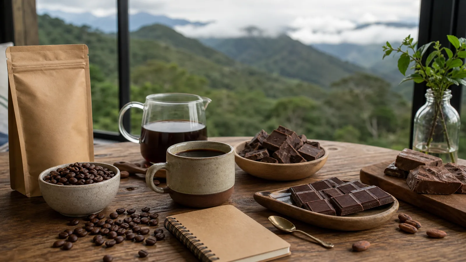 Café e chocolate sobre mesa com paisagem das montanhas capixabas ao fundo