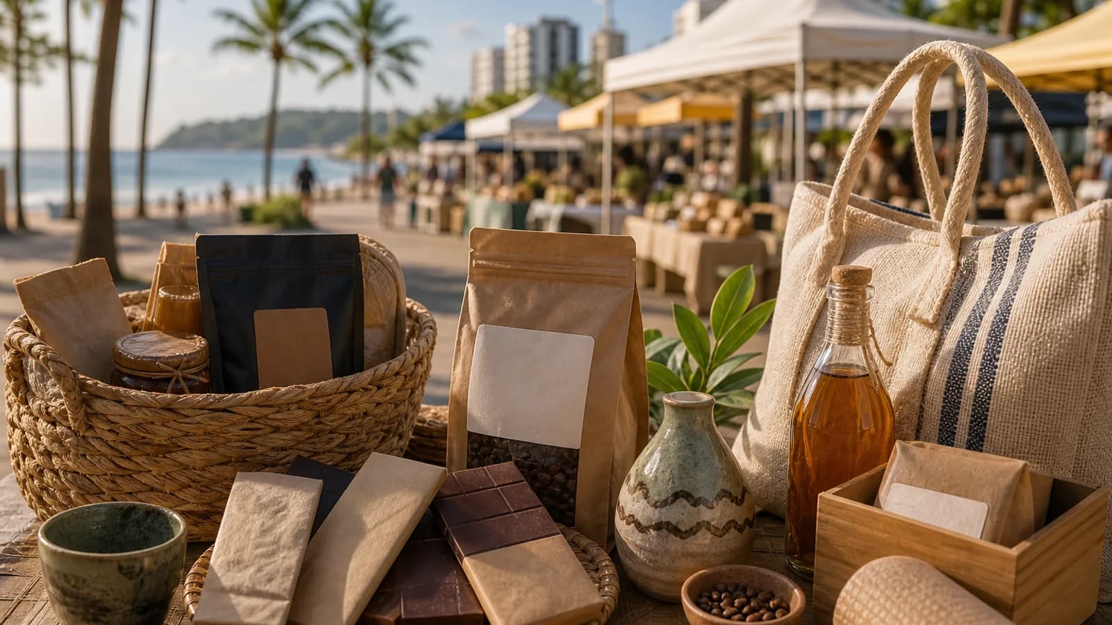 Feira de produtos locais em Vila Velha com cestas e embalagens sem marcas