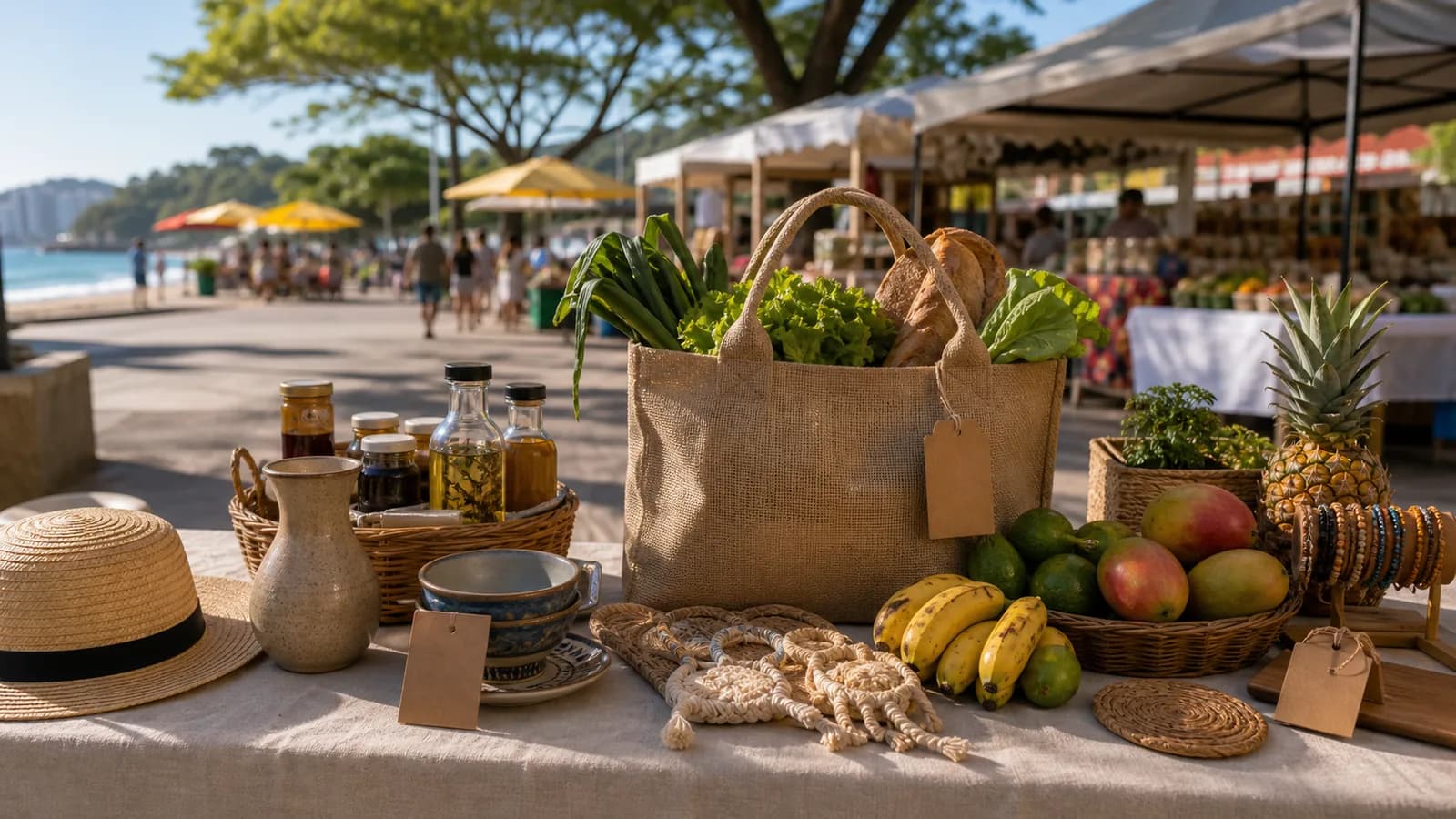 Banca de feira com produtos locais em Guarapari sem marcas visíveis