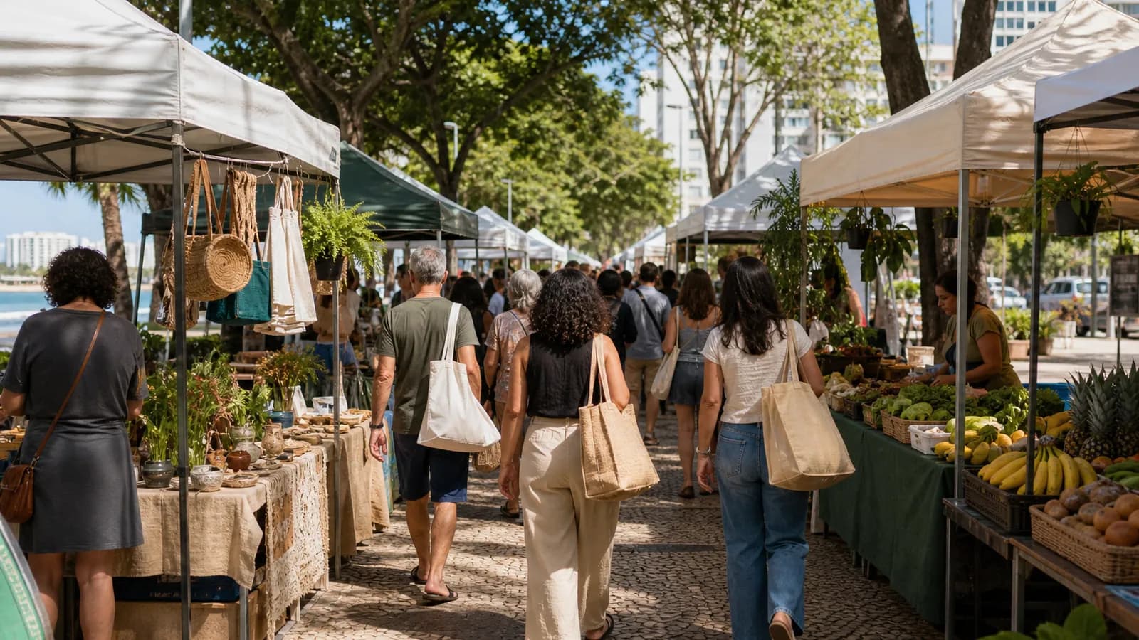 Feira ao ar livre em Vitoria com barracas, sacolas reutilizaveis e pessoas de costas