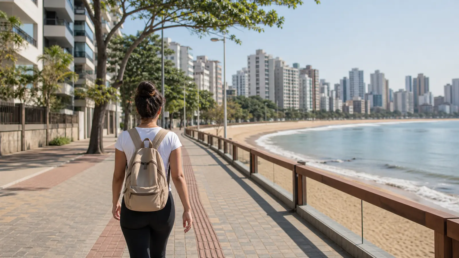 Pessoa caminhando pela orla de Vila Velha com mochila sem marcas