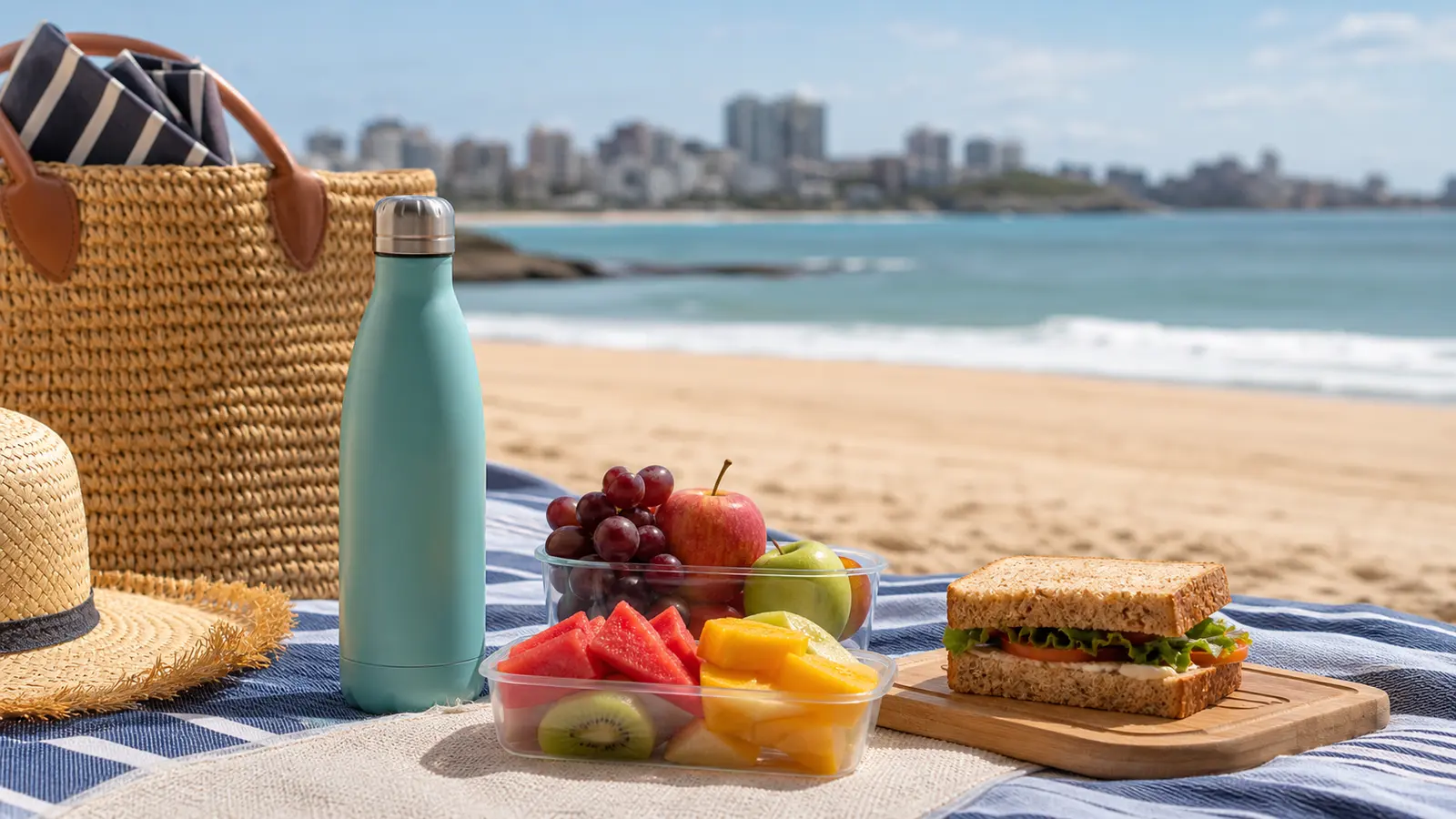 Comida de praia generica organizada em esteira na areia de Guarapari sem marcas