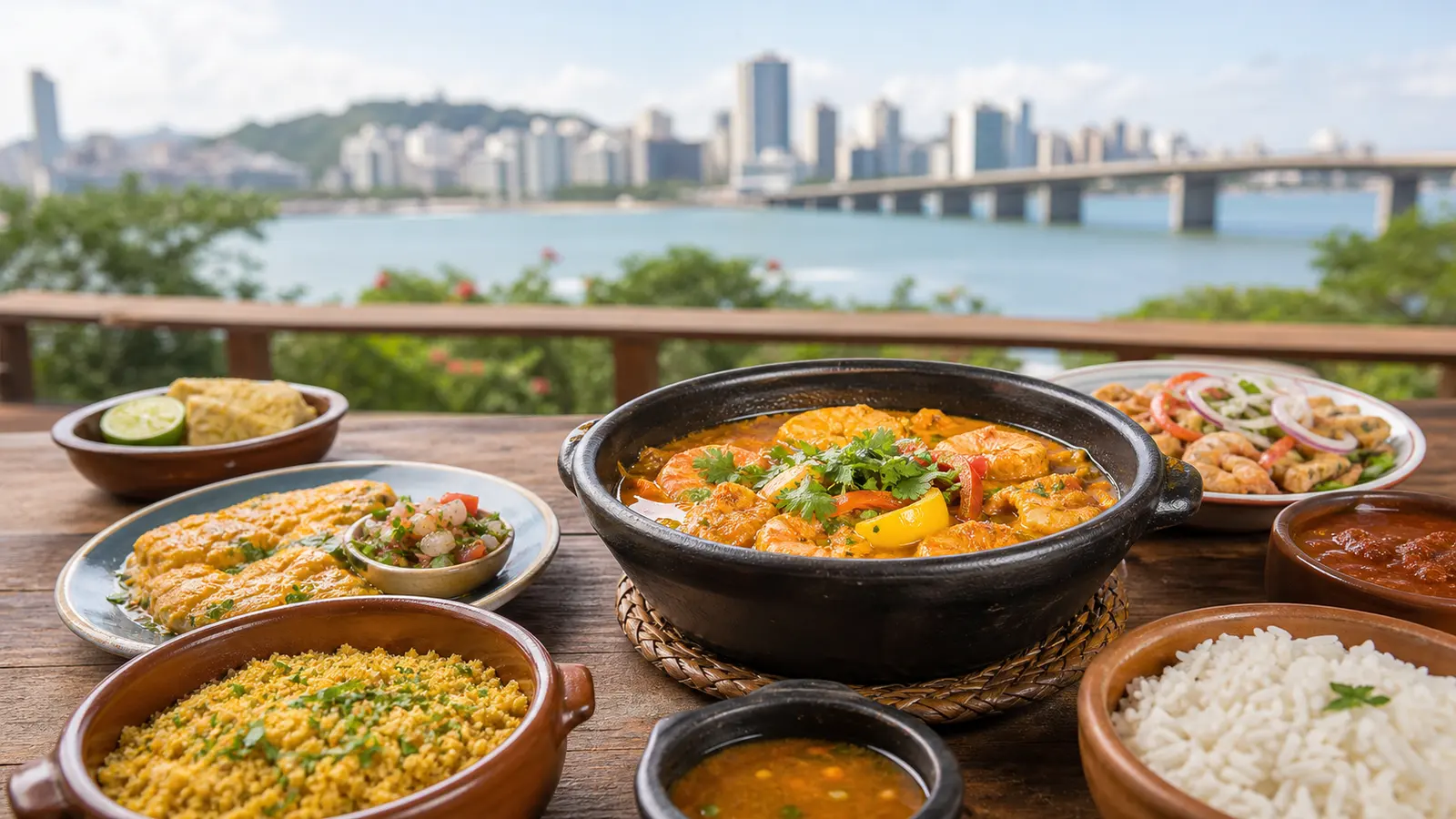 Mesa com comida capixaba generica e vista da baia de Vitoria sem marcas