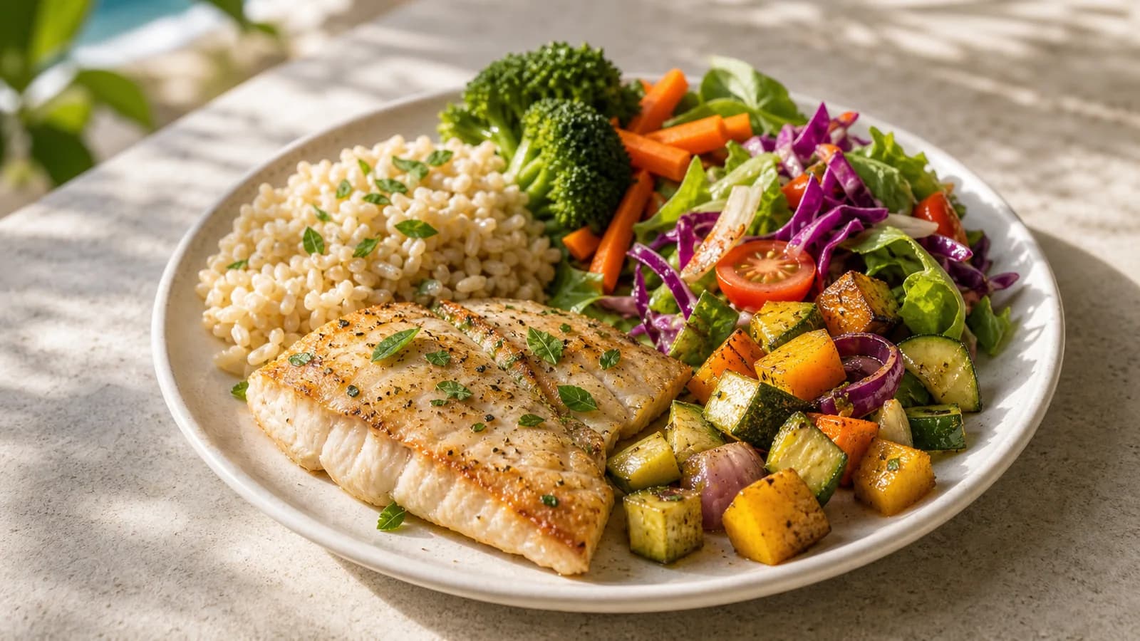 Prato colorido de comida saudavel em Vitoria com legumes, graos e peixe sem marca