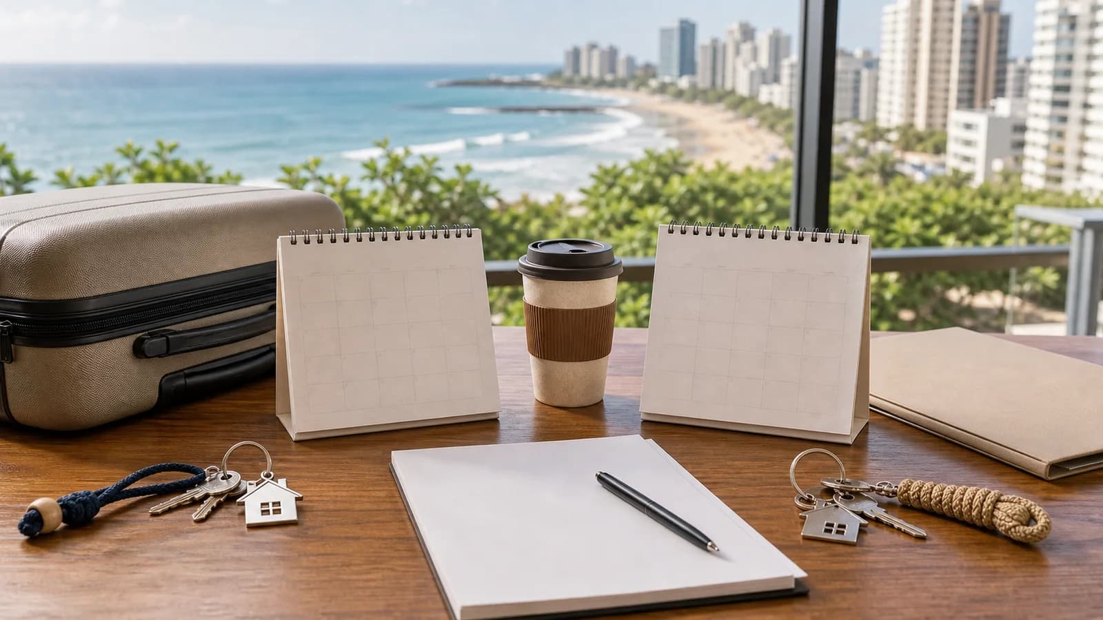 Chaves calendario e mala pequena em mesa com vista de Guarapari sem marcas