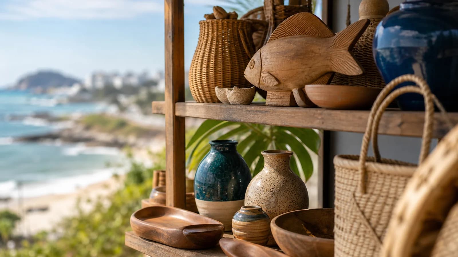 Pecas de artesanato em Vila Velha com textura de fibra, ceramica e fundo claro