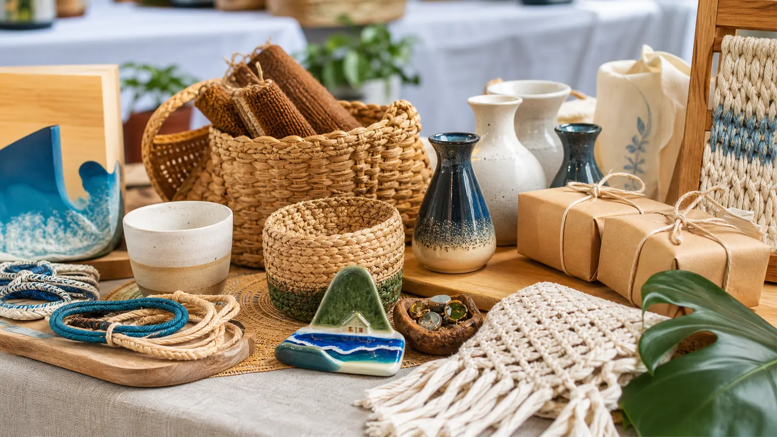 Mesa com lembrancas artesanais genericas do Espirito Santo sem marcas
