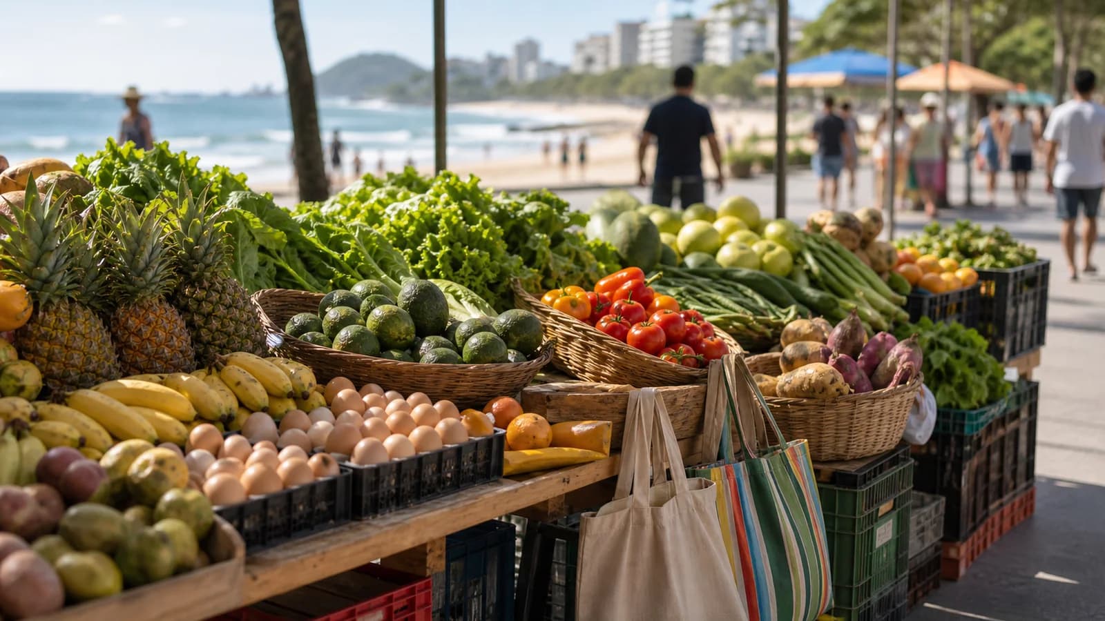 Produtos de feira em Guarapari com frutas, verduras e sacola reutilizavel sem pessoas identificaveis