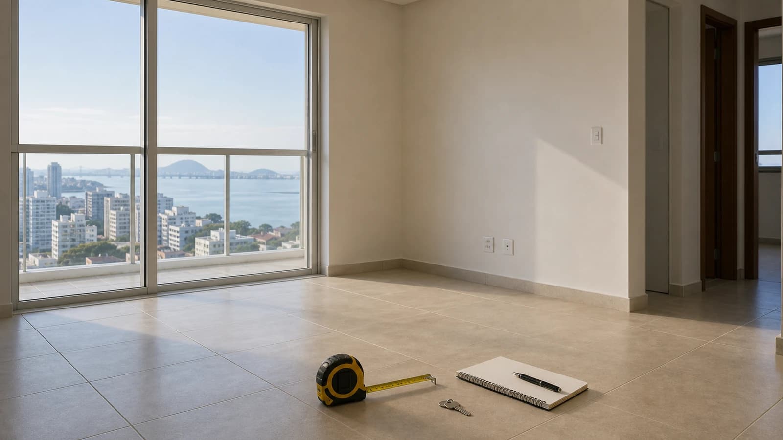 Apartamento vazio em Vitoria com janela para predios, trena e bloco sem texto