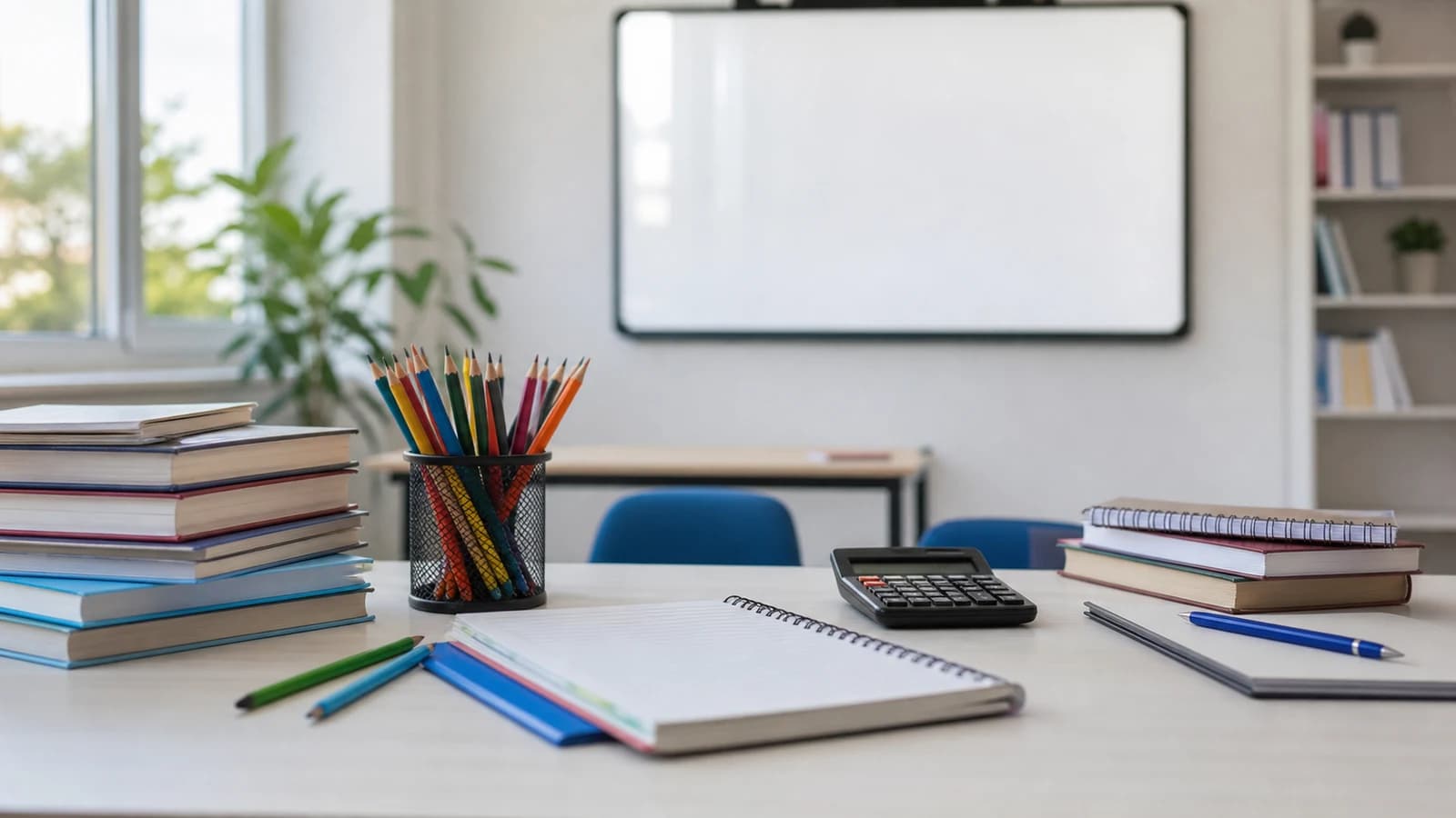 Mesa de apoio escolar em Vitoria com livros, lapis e janela urbana desfocada