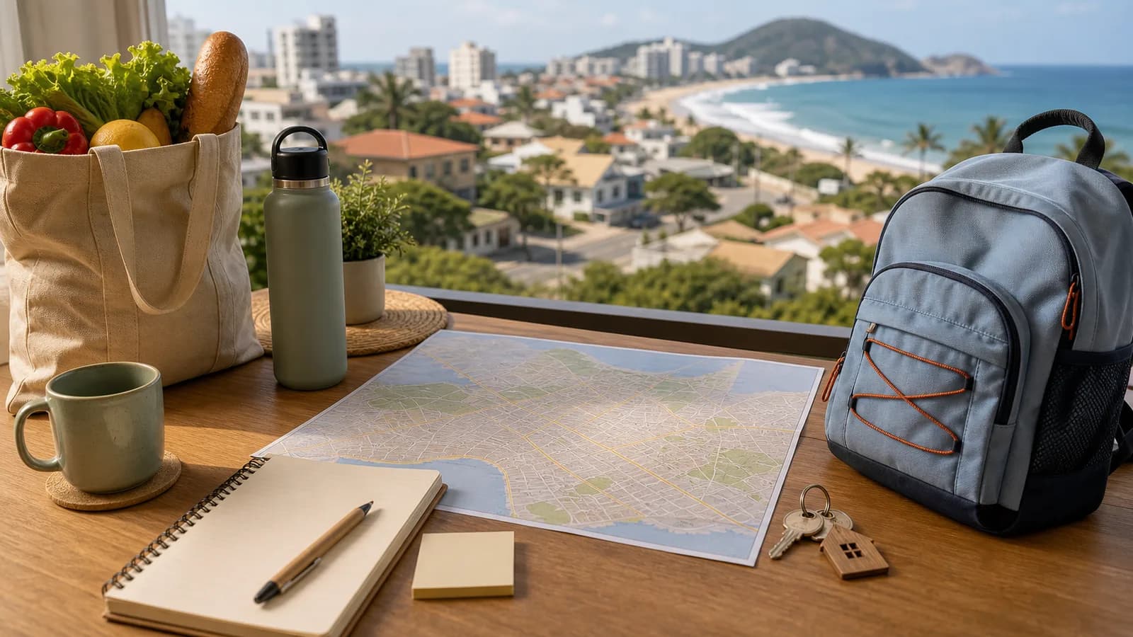 Família observando mapa de bairros de Guarapari em mesa residencial