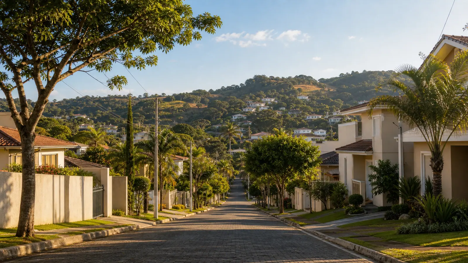Rua residencial em bairro interno de Guarapari com casas, arvores e morros ao fundo