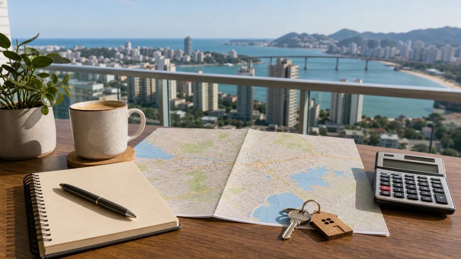 Vista urbana residencial de Vitória com mapa e chaves em primeiro plano