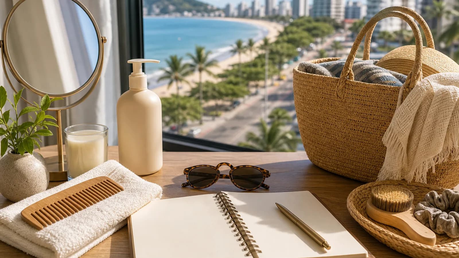 Itens de beleza e bolsa de praia em Guarapari sem marcas visíveis