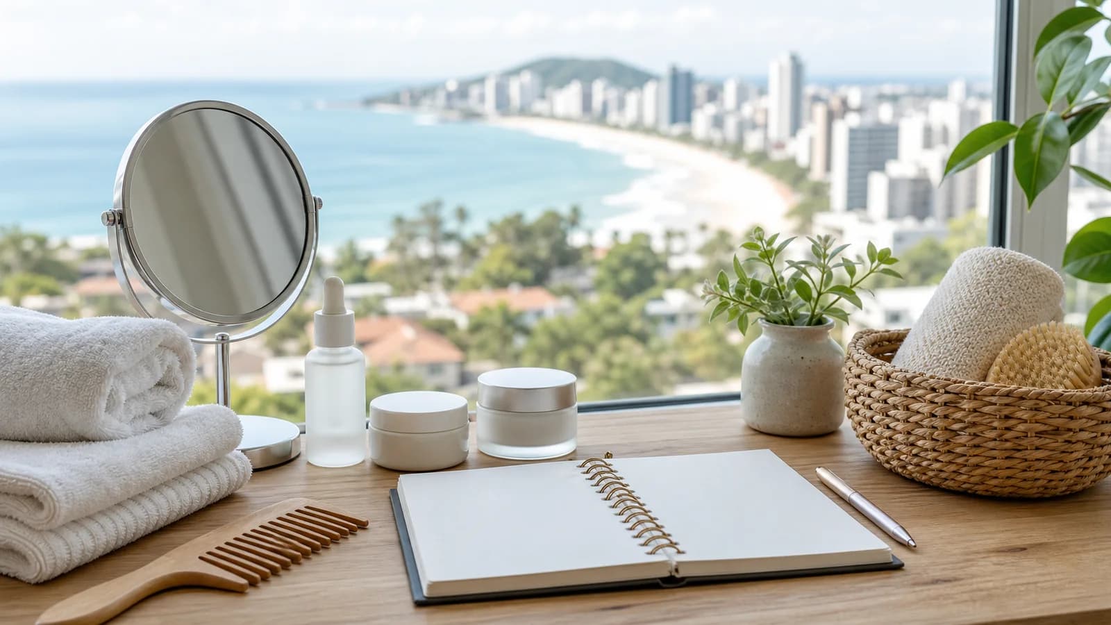 Itens de autocuidado e agenda em mesa com vista urbana de Vila Velha sem marcas