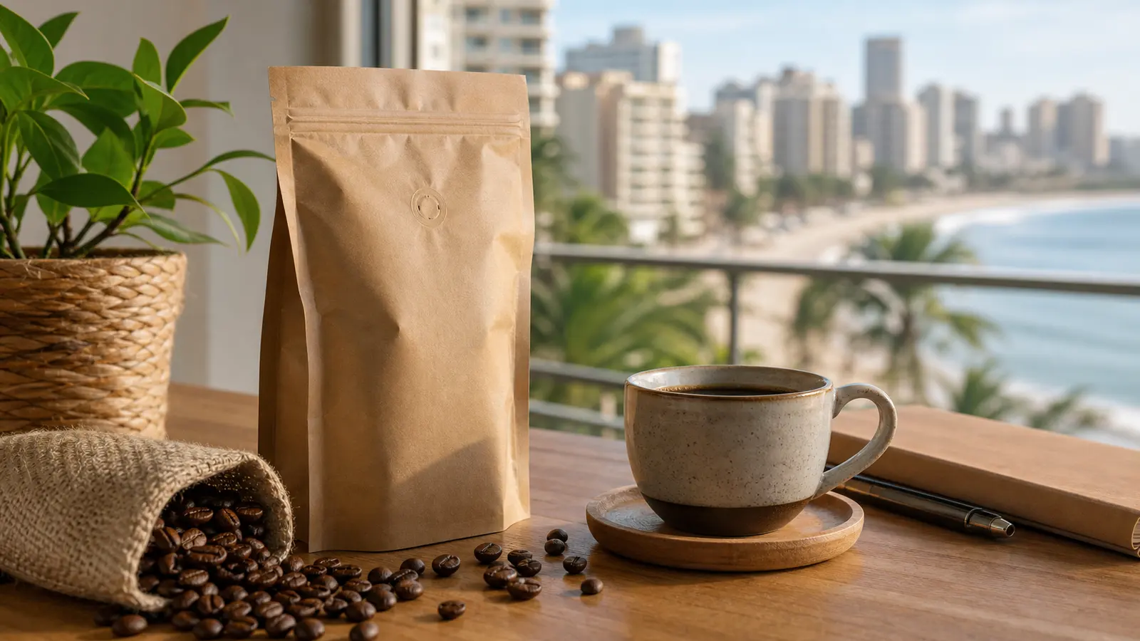 Pacote generico de cafe capixaba em mesa com vista de Vila Velha sem marcas
