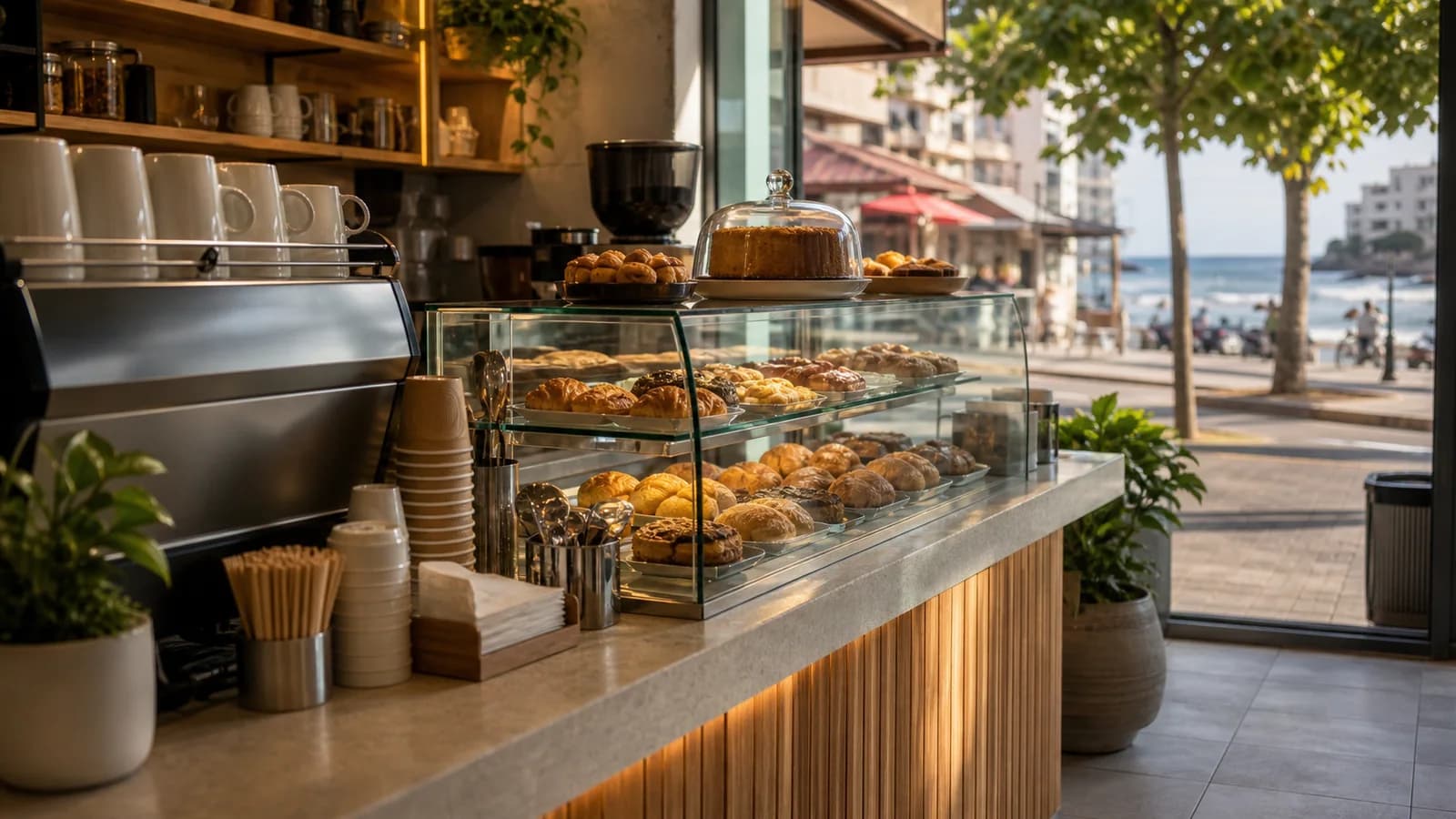 Balcao de cafe em Guarapari com xicaras e vista clara de rua litoranea