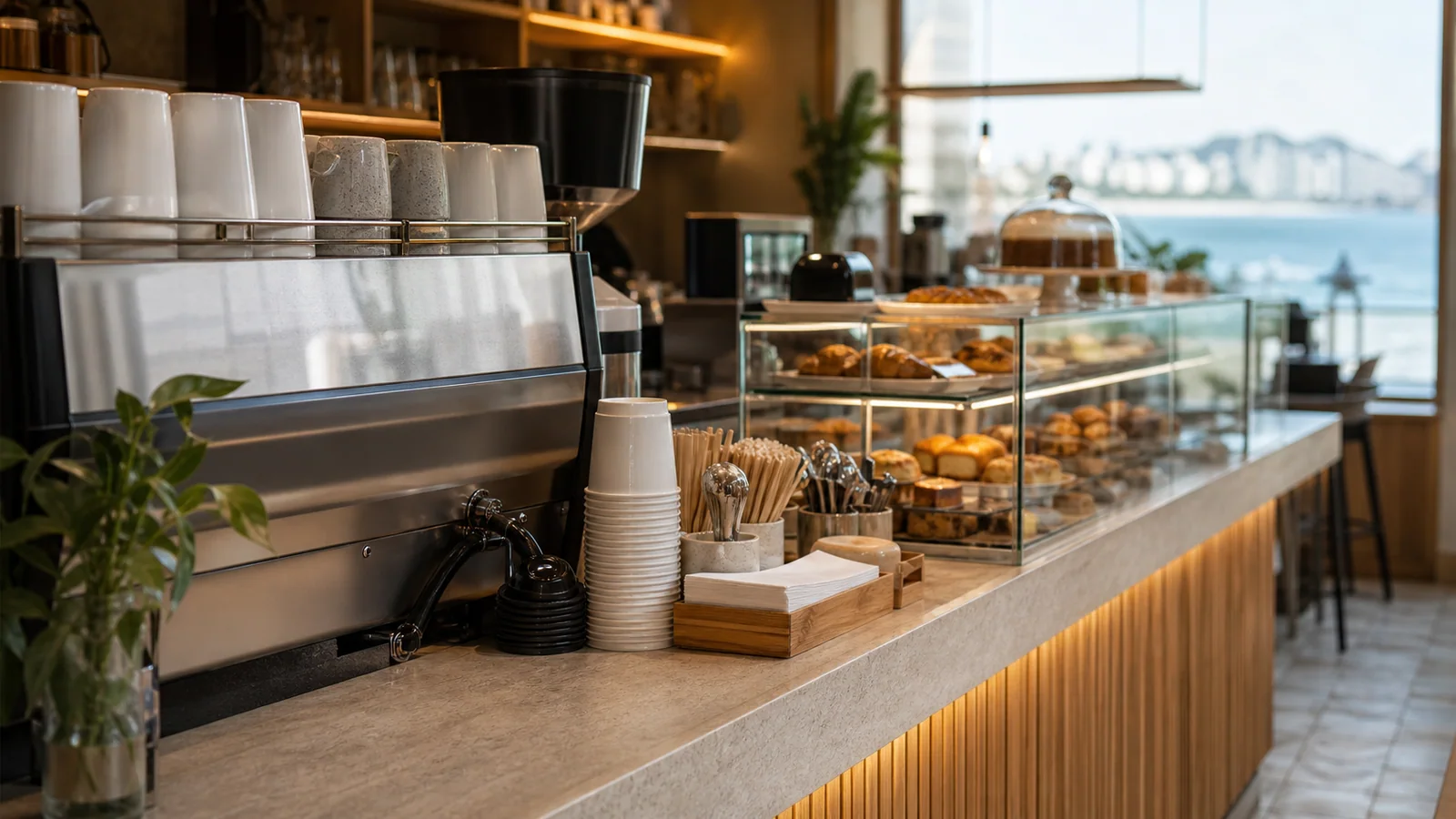 Balcao de cafe em Vitoria com xicaras, graos e vitrine ao fundo sem marcas