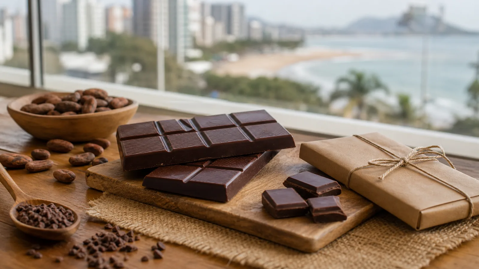 Chocolate artesanal generico e cacau em mesa com vista suave de Vila Velha sem marcas