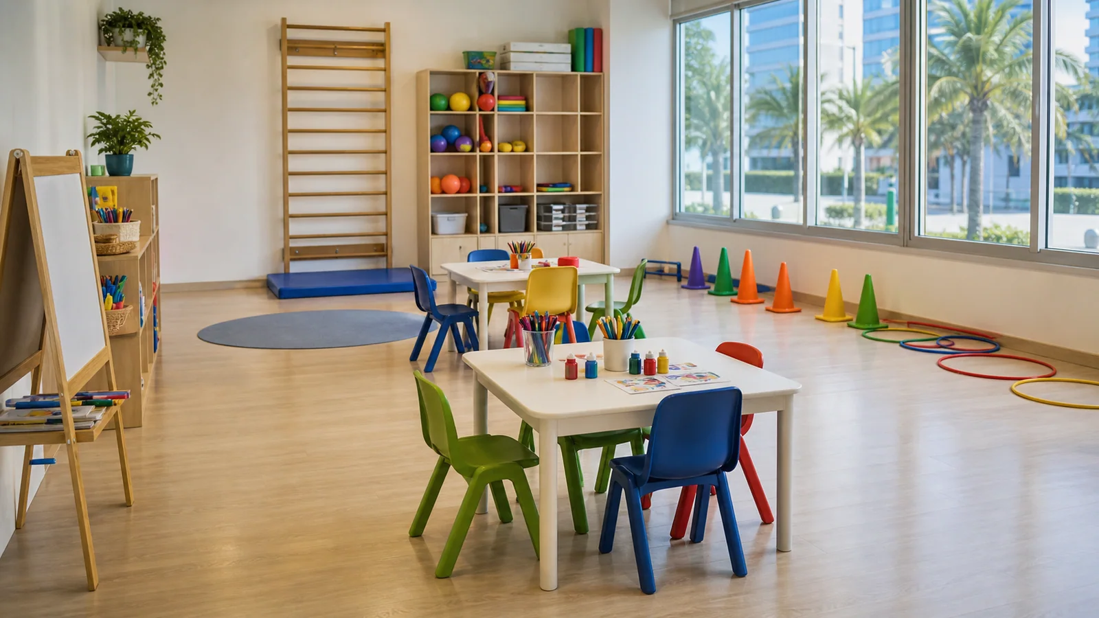 Sala colorida de curso infantil em Vila Velha com materiais e cadeiras pequenas