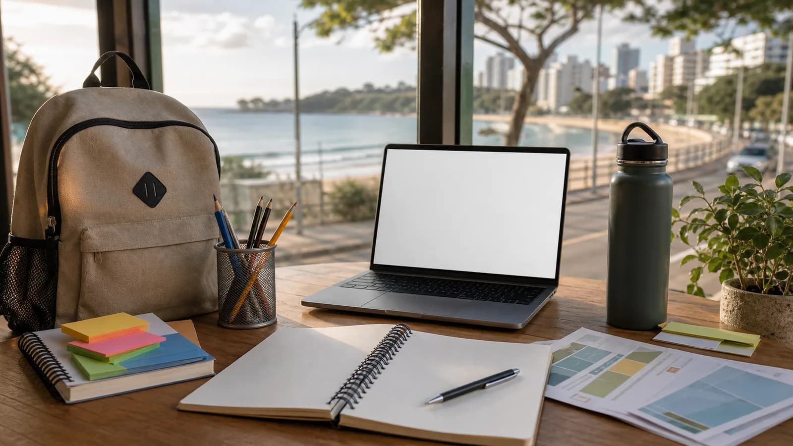 Caderno e mochila em mesa de estudo com clima de Guarapari ao fundo