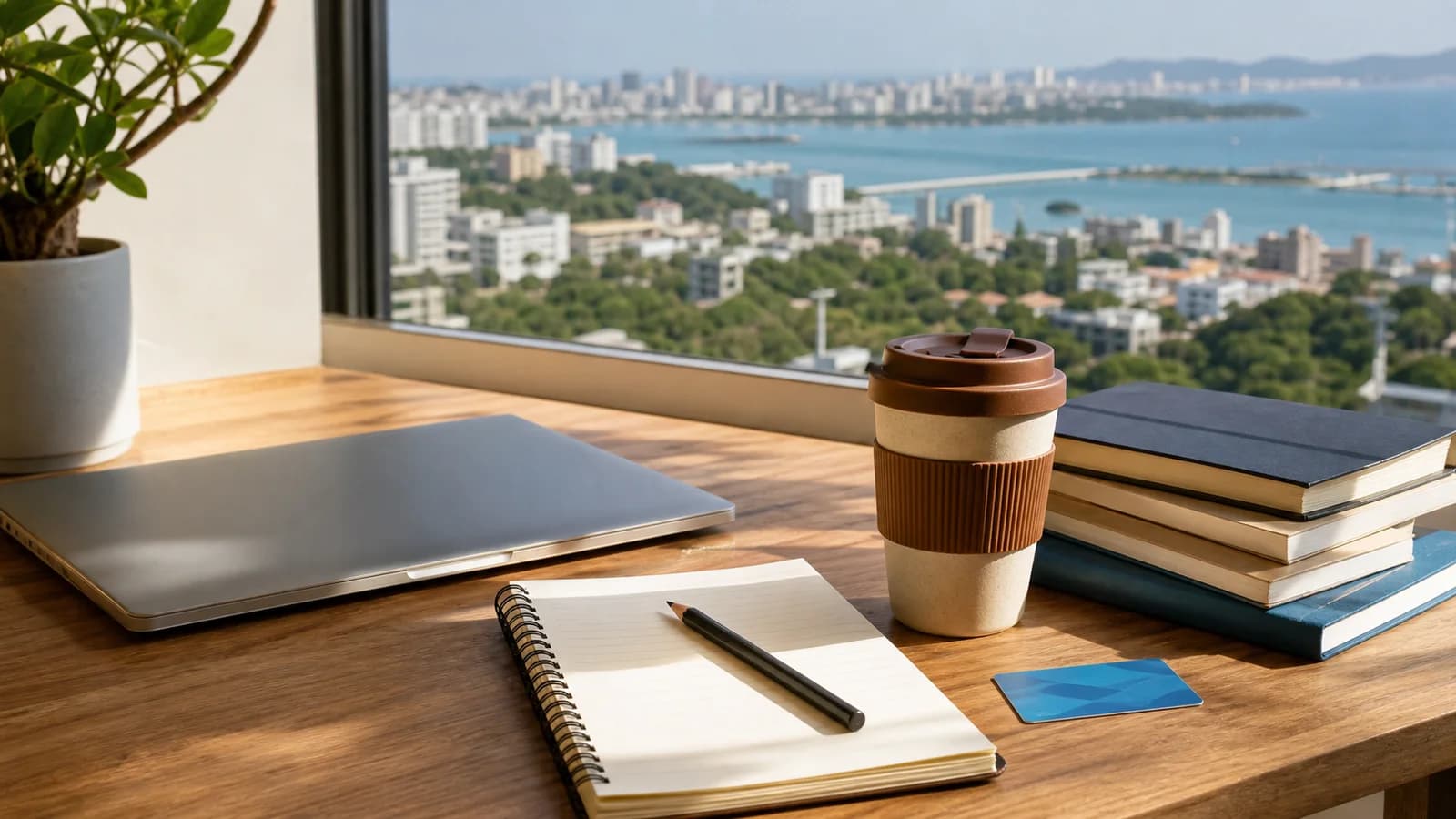 Mesa de estudo de adulto com vista urbana de Vitoria sem marcas