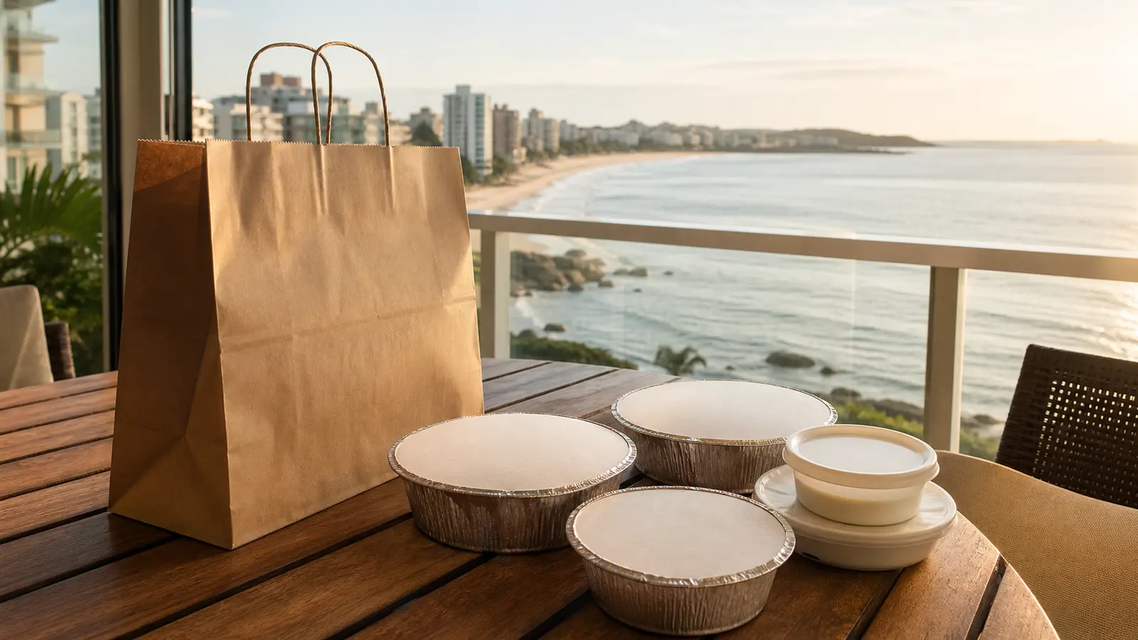 Sacola de delivery generica em varanda com vista para praia de Guarapari sem marcas