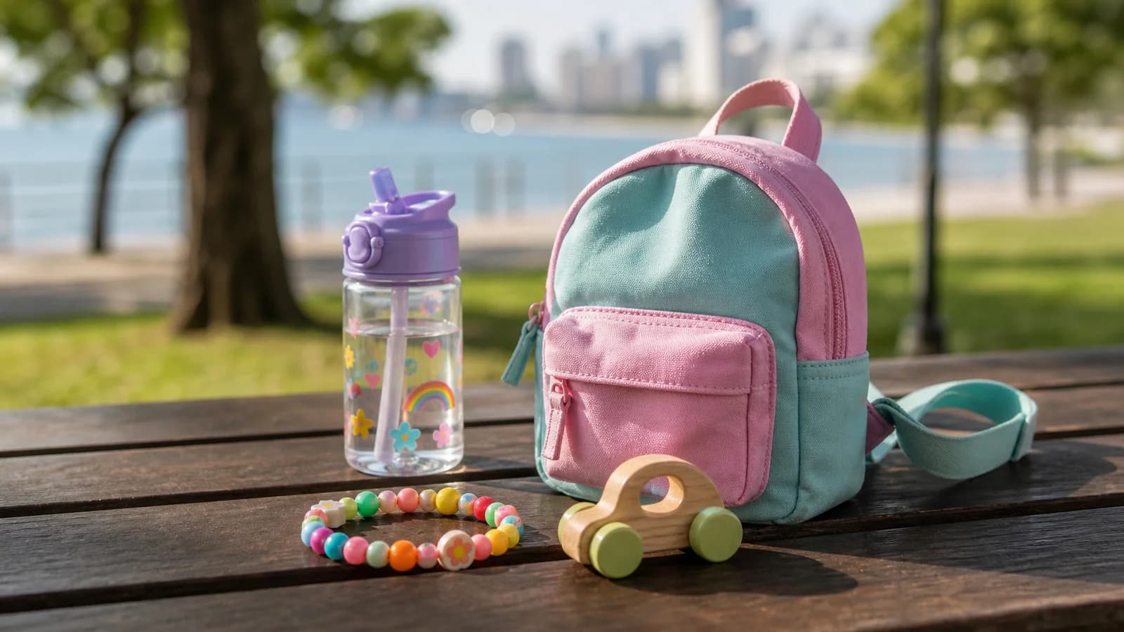 Detalhe de brinquedos e pulseira infantil em evento em Vitoria sem rostos