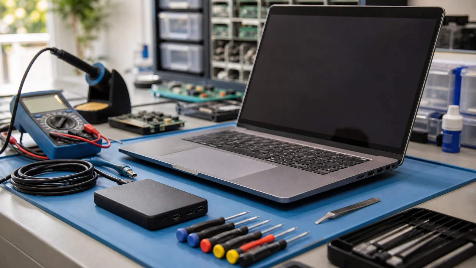 Bancada de informatica em Vila Velha com notebook aberto e ferramentas pequenas