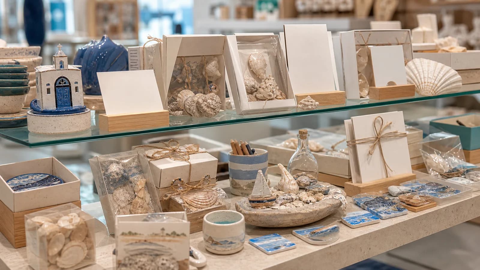 Vitrine de lembrancas de Vila Velha com objetos pequenos e embalagens claras