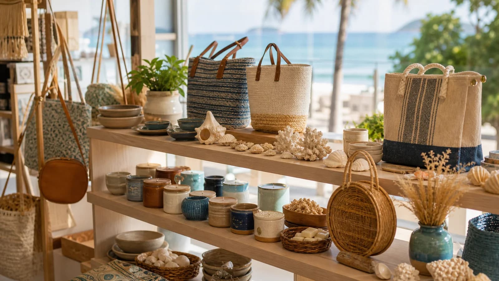 Vitrine de marcas locais em Guarapari com produtos artesanais sem nomes legiveis