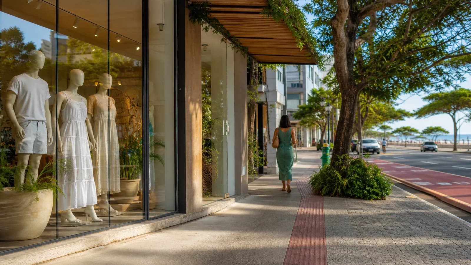 Vitrine de moda local em rua de Vitoria com roupas leves e sem marcas visiveis