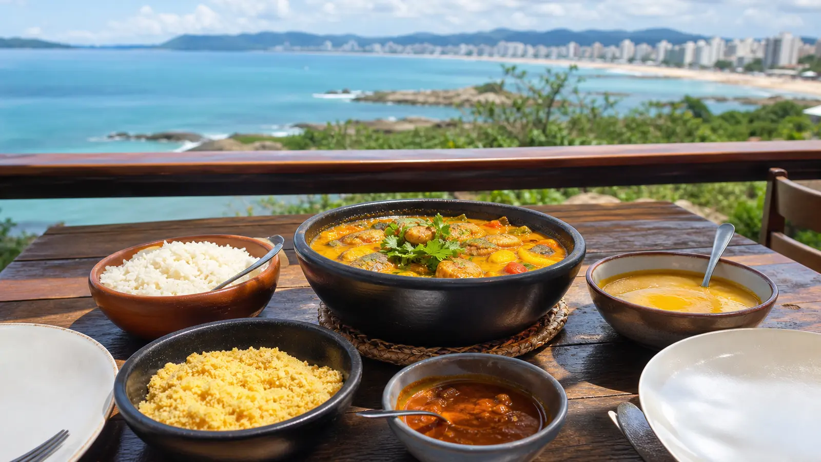 Mesa de moqueca capixaba generica com vista litoranea de Guarapari sem marcas