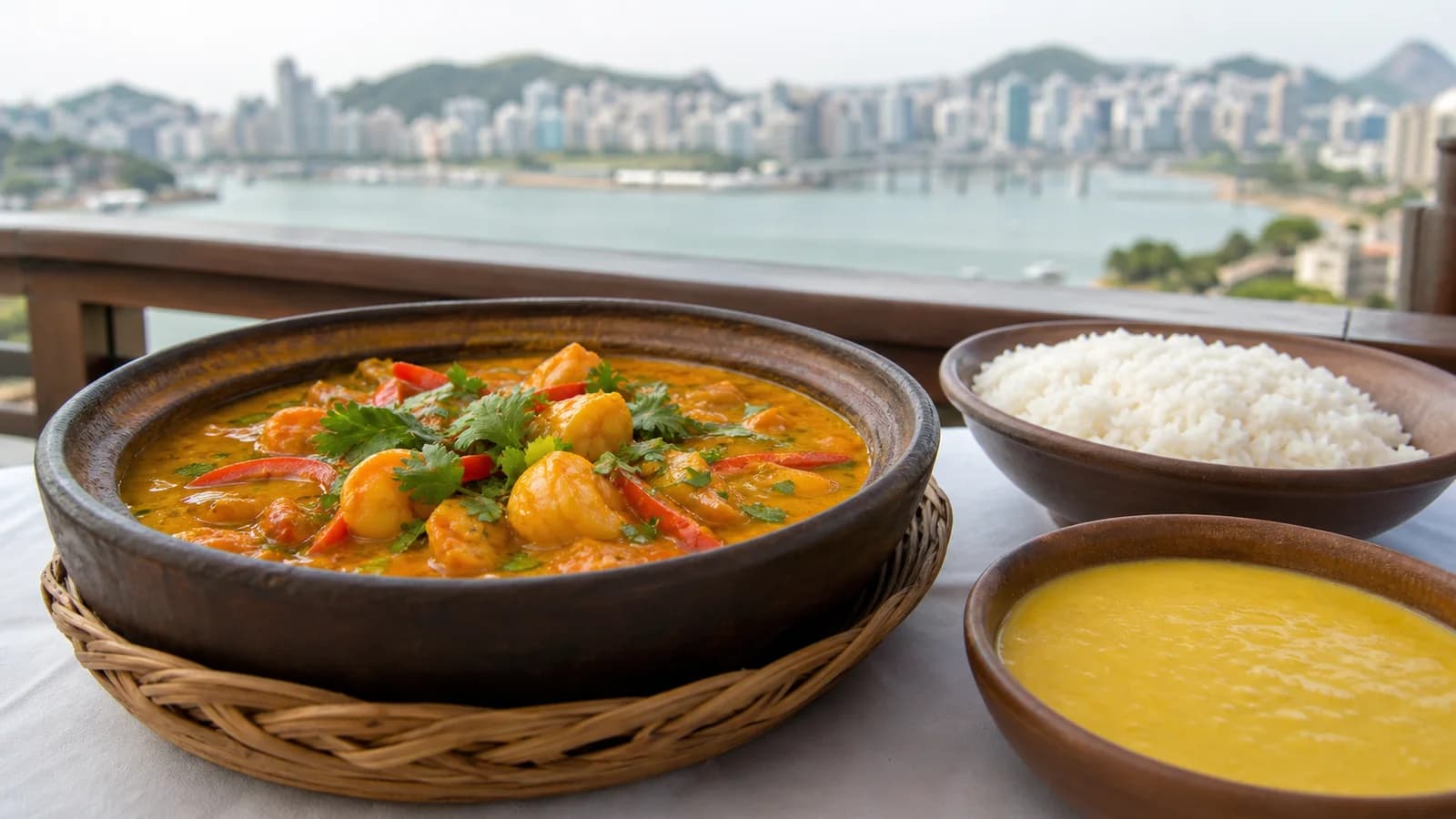 Panela de moqueca capixaba em Vitoria com pirão e mesa clara sem pessoas