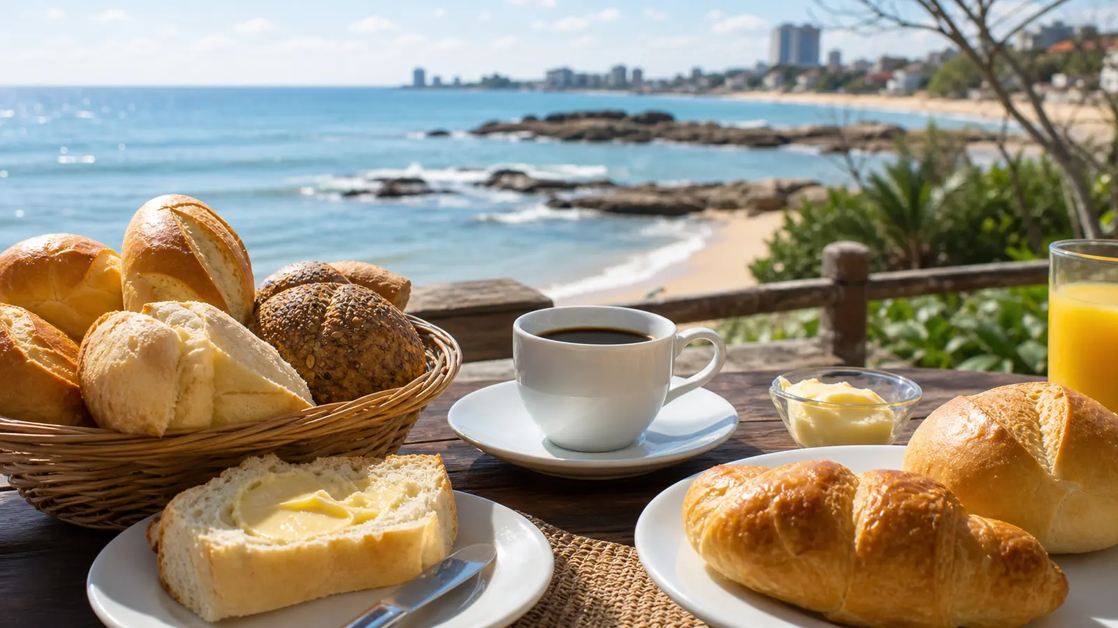 Mesa de padaria com paes cafe e vista litoranea de Guarapari sem marcas