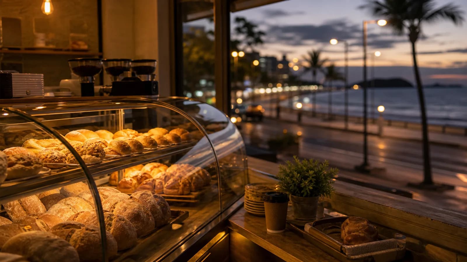 Padaria em Vila Velha ao amanhecer com paes, cafe e vitrine sem marcas