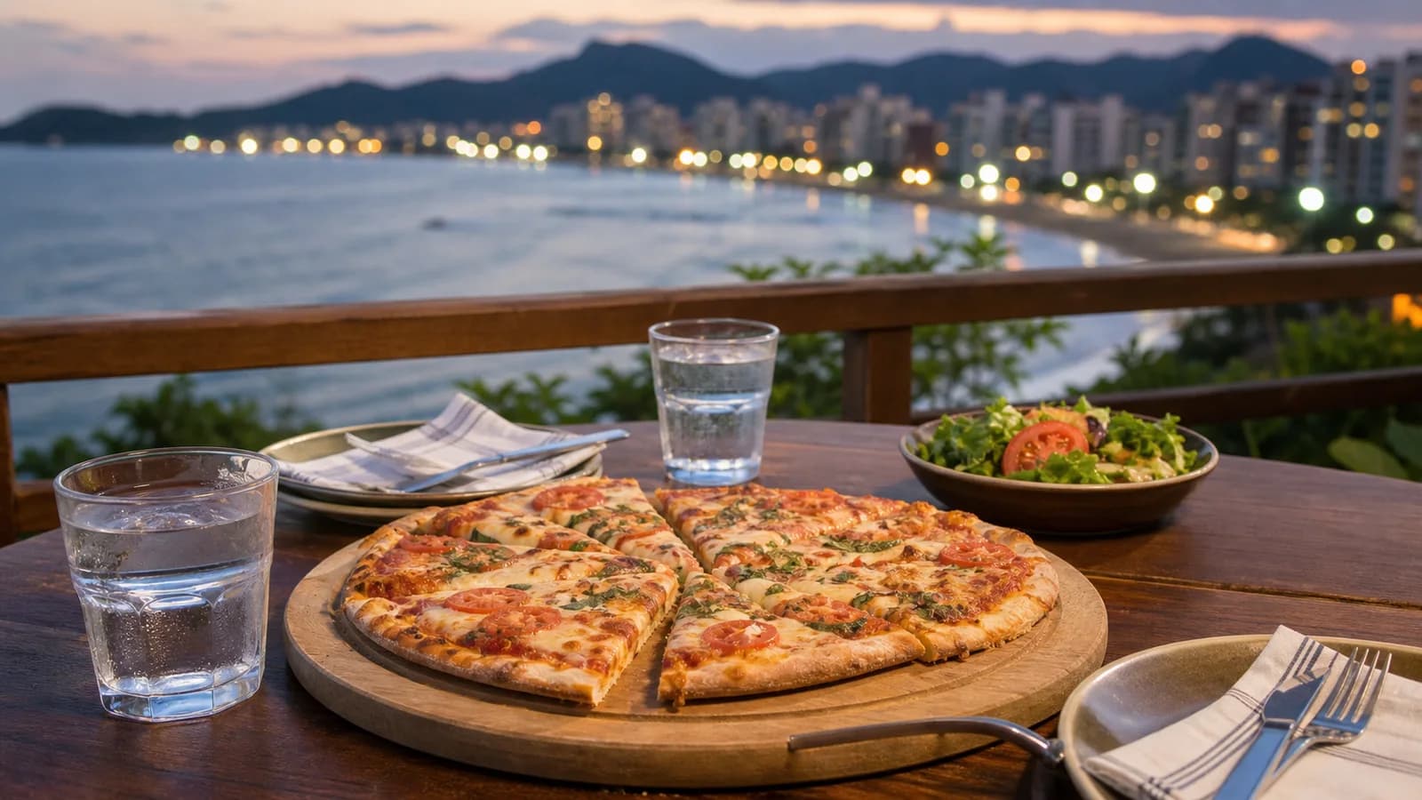 Pizza generica em mesa com luz de praia de Guarapari sem marcas