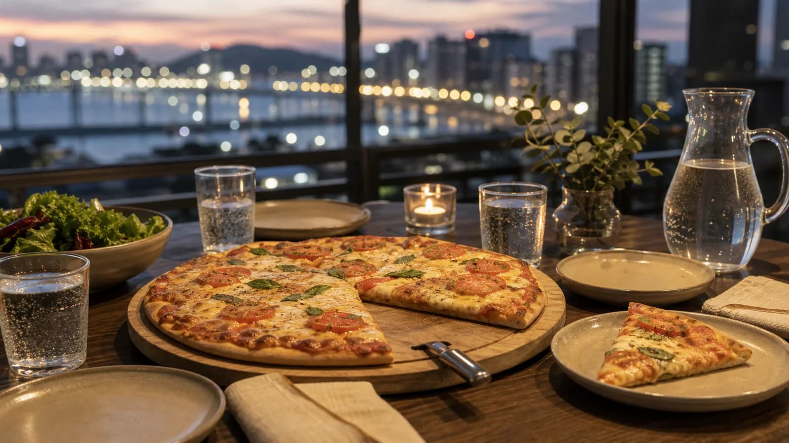 Pizza generica em mesa com vista urbana noturna de Vitoria sem marcas