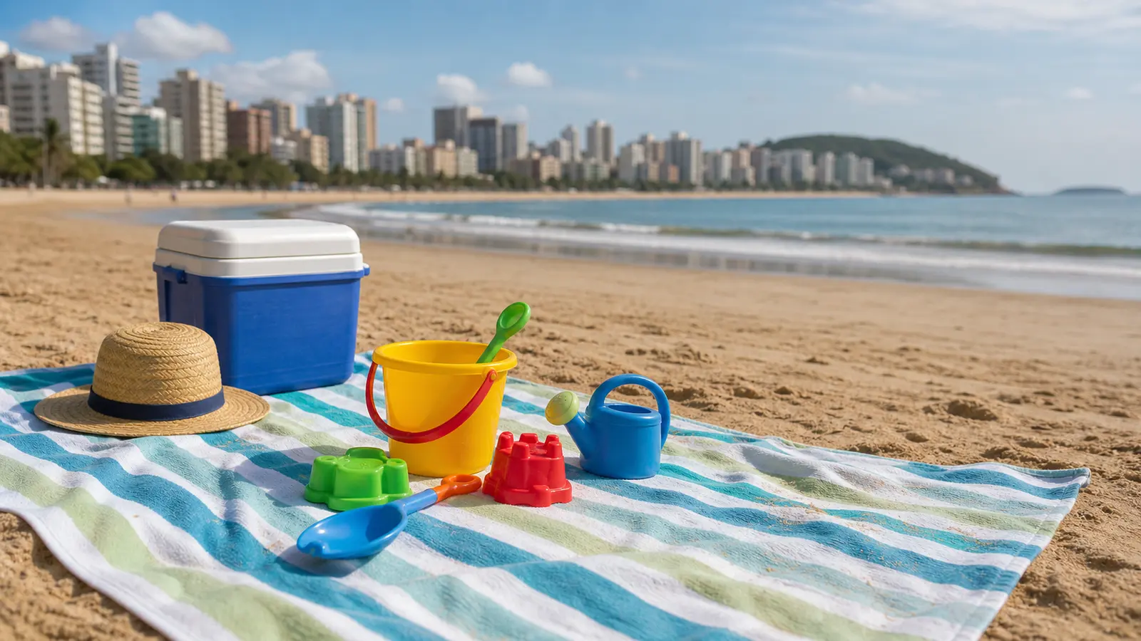 Toalha com brinquedos infantis em praia urbana de Vila Velha sem marcas