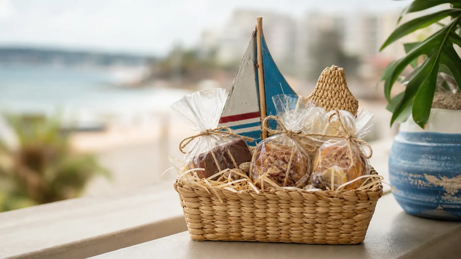 Cesta de presentes capixabas com artesanato e embalagens naturais em Guarapari