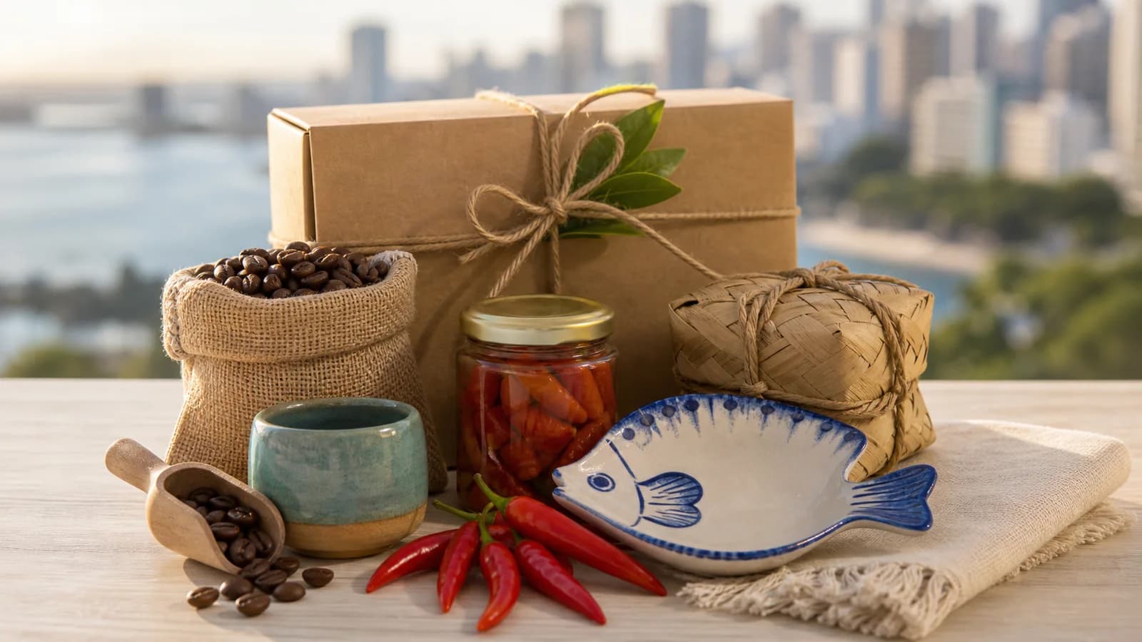 Presentes capixabas em Vitoria com cafe, ceramica pequena e embalagem sem marcas