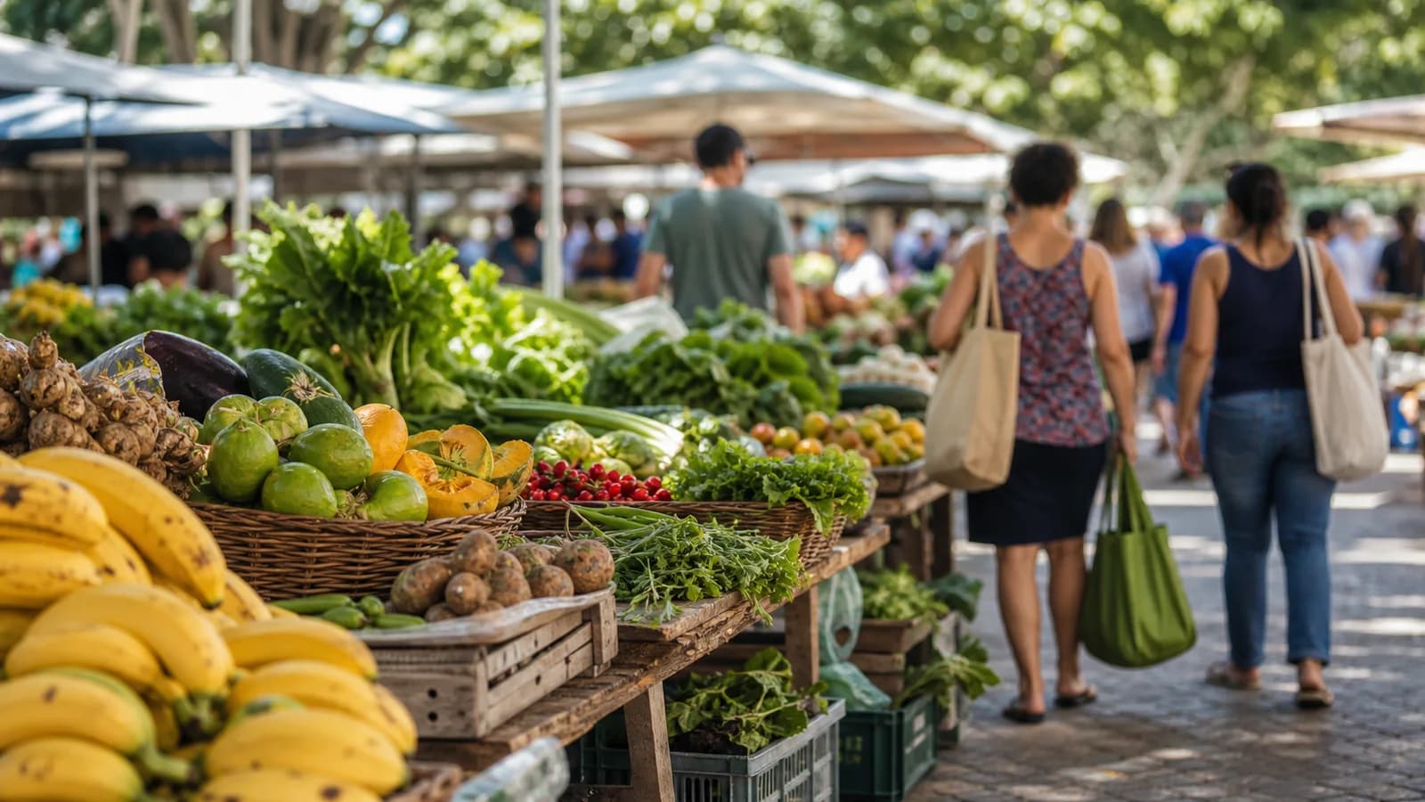 Banca de feira em Vitoria com frutas, verduras e produtos locais coloridos
