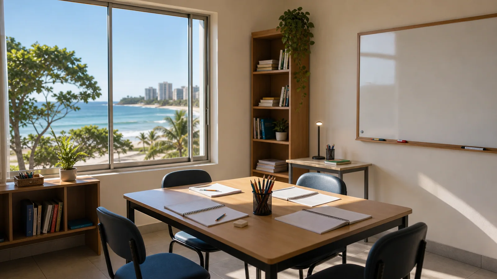 Sala de estudo em Guarapari com material escolar organizado e luz natural