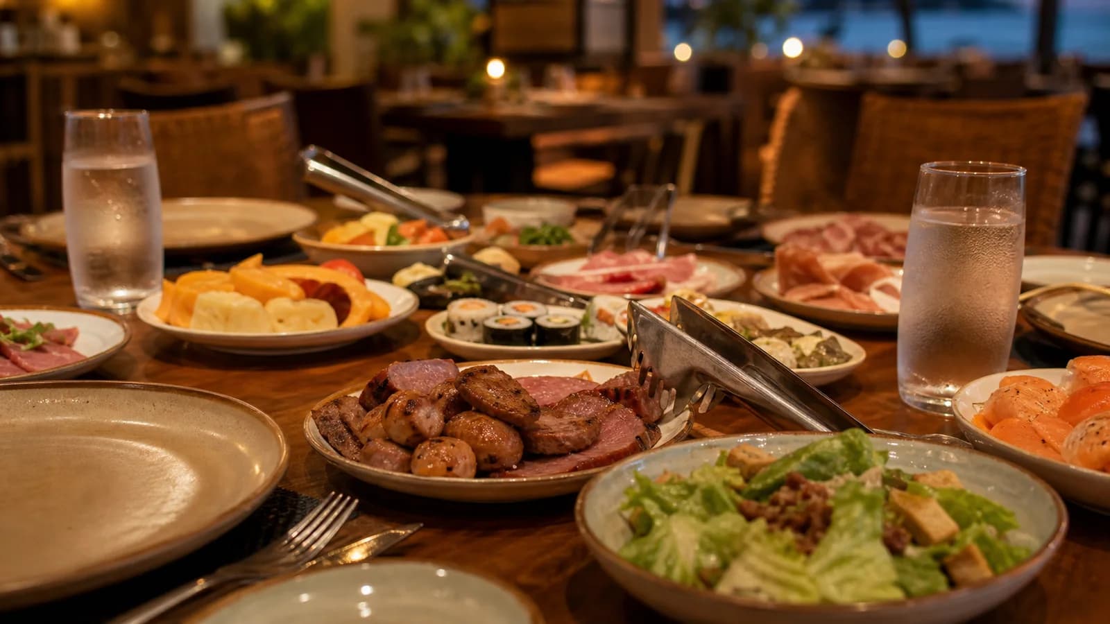 Mesa de rodizio em Guarapari com pratos variados e ambiente de jantar sem rostos
