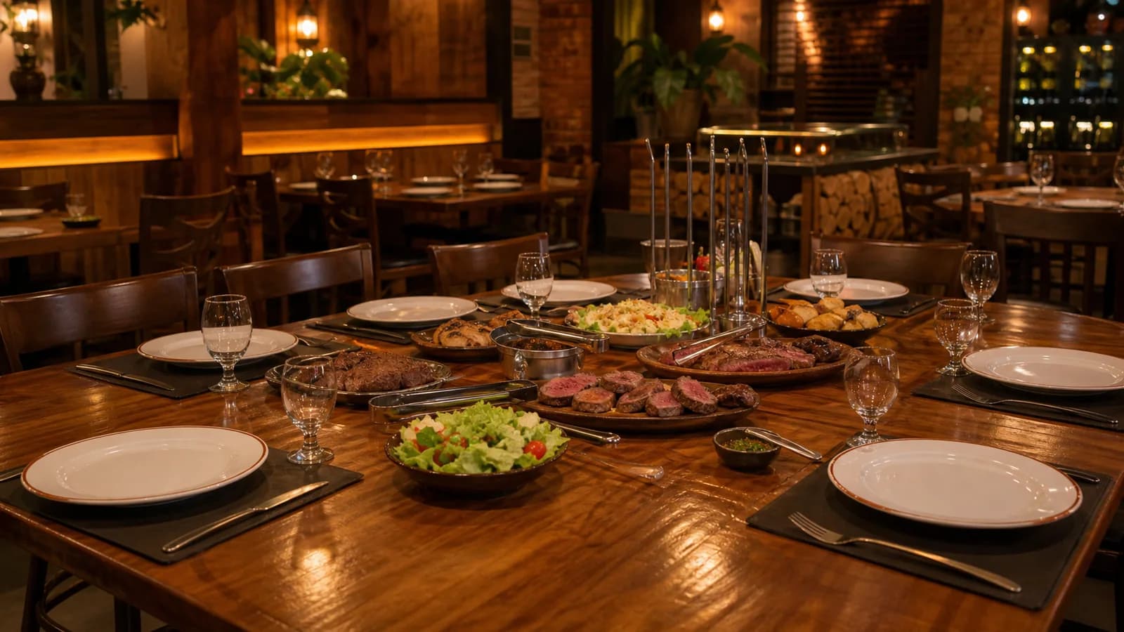 Mesa de rodizio em Vila Velha com pratos compartilhados e luz de restaurante sem rostos