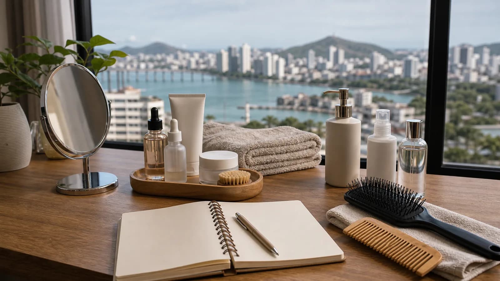 Mesa de autocuidado e agenda em ambiente urbano de Vitória sem marcas