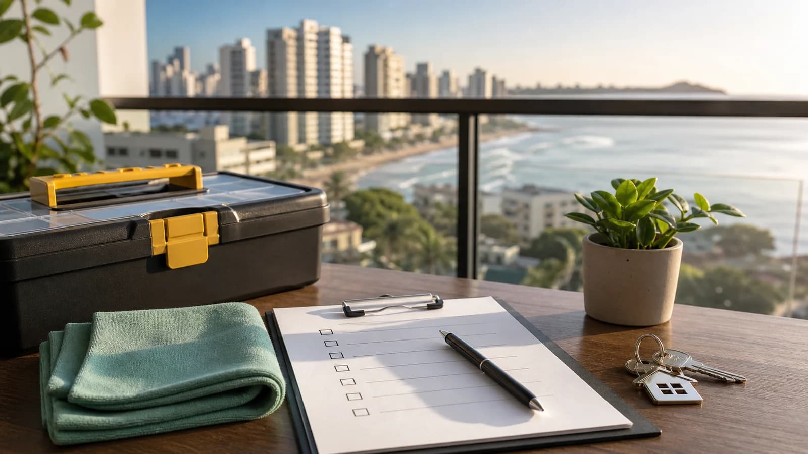 Caixa de ferramentas e checklist em apartamento urbano de Vila Velha sem marcas