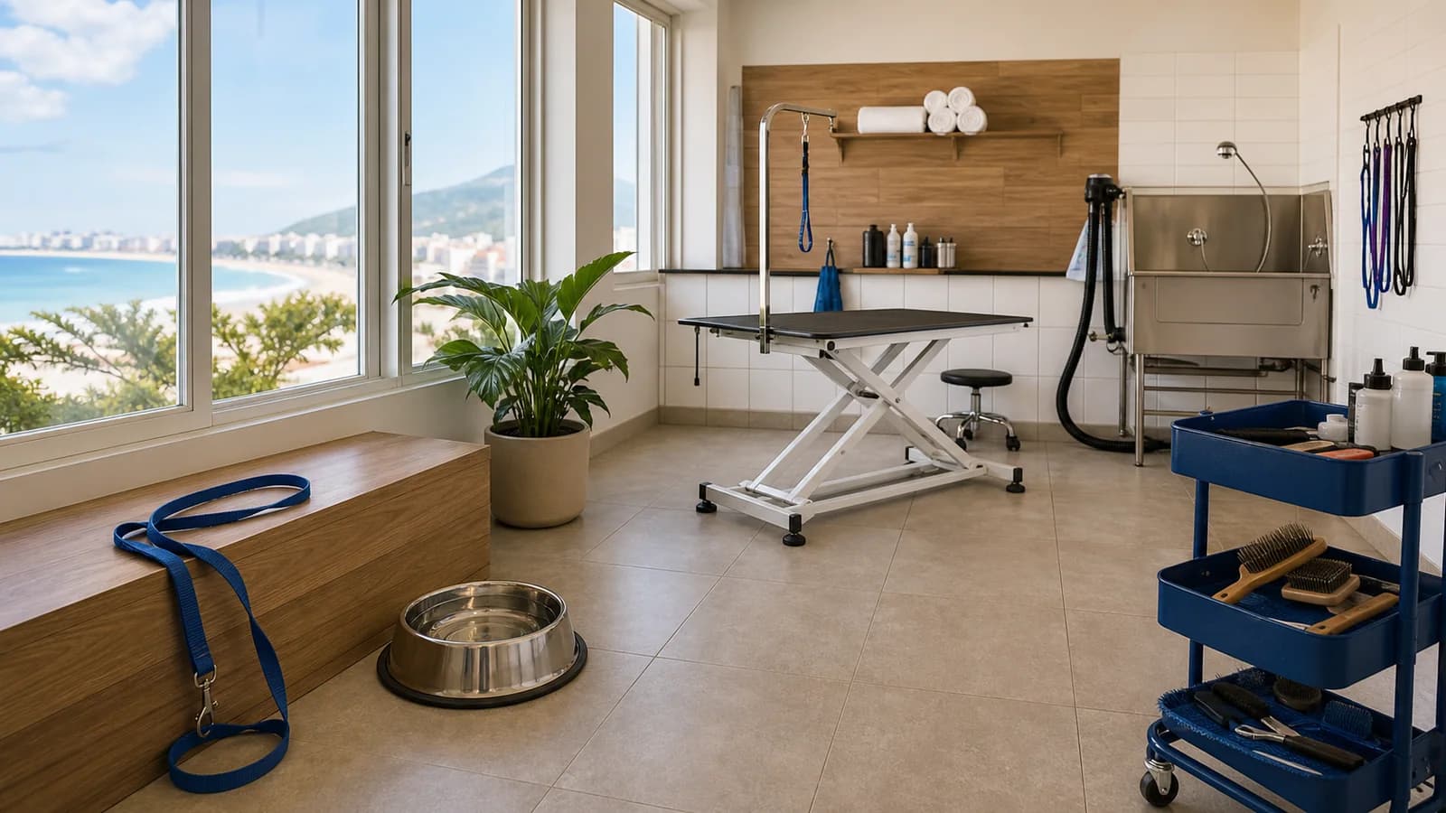 Ambiente interno de servico pet em Vila Velha com coleira, bebedouro e piso limpo