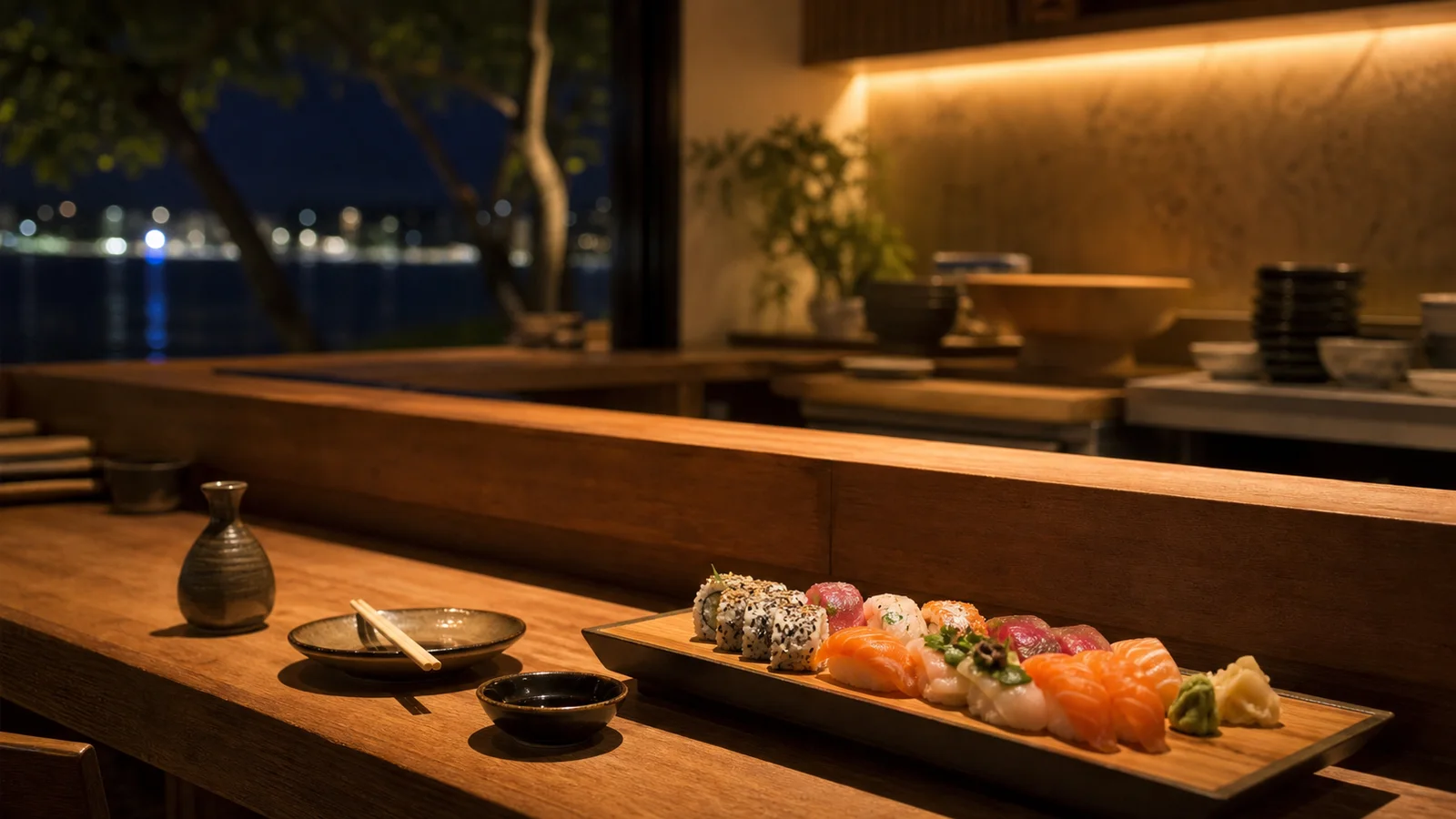 Balcao de sushi em Guarapari com bandeja organizada e luz quente de jantar